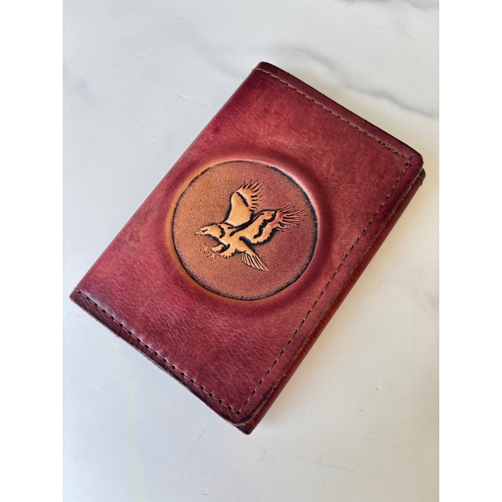 Vtg Embossed Eagle Leather Trifold Wallet Burgundy Western Tooled Card Holder